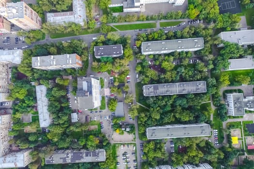 Top view of the city of Moscow, buildings and roads and other infrastructure of the city. Cityscape view from above.