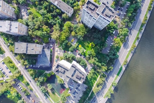 Top view of the city of Moscow, buildings and roads and other infrastructure of the city. Cityscape view from above.