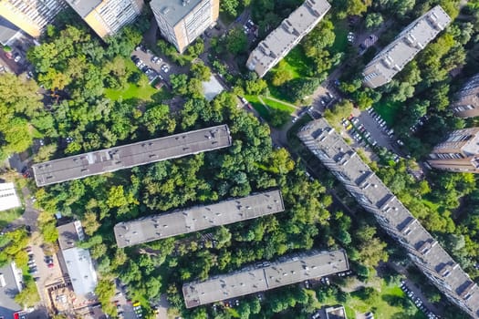 Top view of the city of Moscow, buildings and roads and other infrastructure of the city. Cityscape view from above.