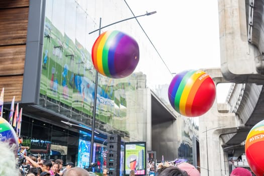 Bangkok, Thailand - JUN 1, 2024 Bangkok Pride Festival 2024, The short action and atmosphere of people joins celebrations in the event in Siam Square Bangkok, Thailand. Gender diversity There is no division of age, race or religion.