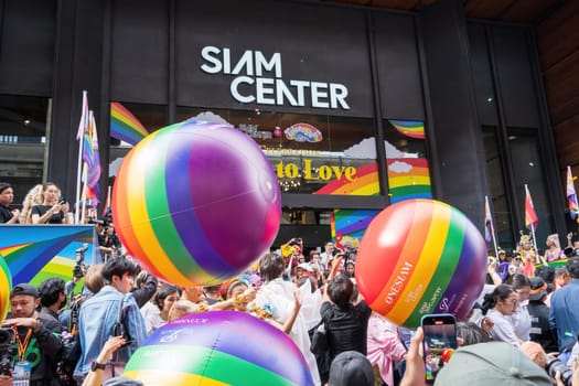 Bangkok, Thailand - JUN 1, 2024 Bangkok Pride Festival 2024, The short action and atmosphere of people joins celebrations in the event in Siam Square Bangkok, Thailand. Gender diversity There is no division of age, race or religion.