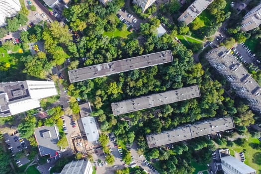 Top view of the city of Moscow, buildings and roads and other infrastructure of the city. Cityscape view from above.