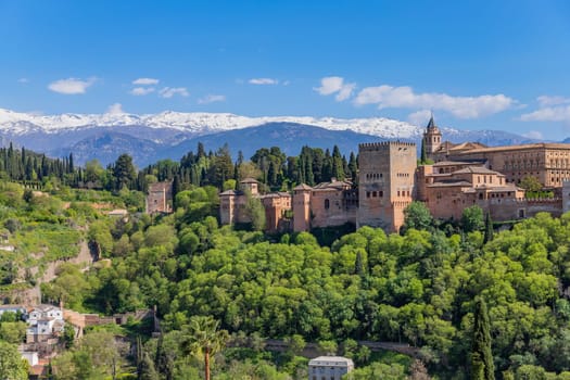 Alhambra palace with the Sierra Nevada in the background, Granada, Andalusia, Spain