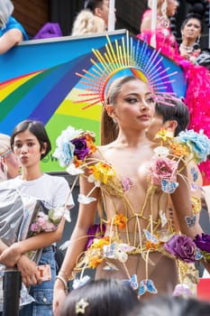 Bangkok, Thailand - JUN 1, 2024 Bangkok Pride Festival 2024, The short action and atmosphere of people joins celebrations in the event in Siam Square Bangkok, Thailand. Gender diversity There is no division of age, race or religion.