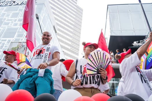 Bangkok, Thailand - JUN 1, 2024 Bangkok Pride Festival 2024, The short action and atmosphere of people joins celebrations in the event in Siam Square Bangkok, Thailand. Gender diversity There is no division of age, race or religion.