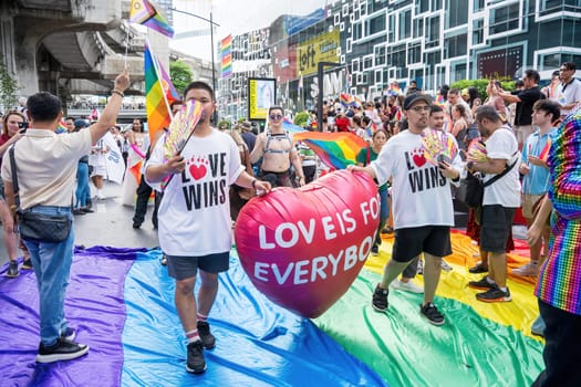 Bangkok, Thailand - JUN 1, 2024 Bangkok Pride Festival 2024, The short action and atmosphere of people joins celebrations in the event in Siam Square Bangkok, Thailand. Gender diversity There is no division of age, race or religion.