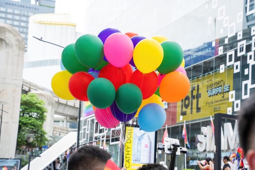 Bangkok, Thailand - JUN 1, 2024 Bangkok Pride Festival 2024, The short action and atmosphere of people joins celebrations in the event in Siam Square Bangkok, Thailand. Gender diversity There is no division of age, race or religion.