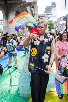 Bangkok, Thailand - JUN 1, 2024 Bangkok Pride Festival 2024, The short action and atmosphere of people joins celebrations in the event in Siam Square Bangkok, Thailand. Gender diversity There is no division of age, race or religion.