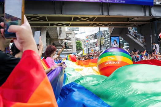 Bangkok, Thailand - JUN 1, 2024 Bangkok Pride Festival 2024, The short action and atmosphere of people joins celebrations in the event in Siam Square Bangkok, Thailand. Gender diversity There is no division of age, race or religion.