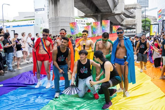 Bangkok, Thailand - JUN 1, 2024 Bangkok Pride Festival 2024, The short action and atmosphere of people joins celebrations in the event in Siam Square Bangkok, Thailand. Gender diversity There is no division of age, race or religion.