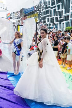 Bangkok, Thailand - JUN 1, 2024 Bangkok Pride Festival 2024, The short action and atmosphere of people joins celebrations in the event in Siam Square Bangkok, Thailand. Gender diversity There is no division of age, race or religion.