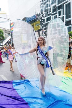 Bangkok, Thailand - JUN 1, 2024 Bangkok Pride Festival 2024, The short action and atmosphere of people joins celebrations in the event in Siam Square Bangkok, Thailand. Gender diversity There is no division of age, race or religion.
