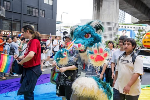 Bangkok, Thailand - JUN 1, 2024 Bangkok Pride Festival 2024, The short action and atmosphere of people joins celebrations in the event in Siam Square Bangkok, Thailand. Gender diversity There is no division of age, race or religion.