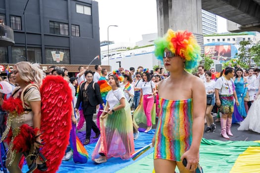 Bangkok, Thailand - JUN 1, 2024 Bangkok Pride Festival 2024, The short action and atmosphere of people joins celebrations in the event in Siam Square Bangkok, Thailand. Gender diversity There is no division of age, race or religion.