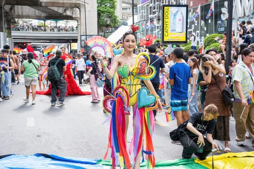 Bangkok, Thailand - JUN 1, 2024 Bangkok Pride Festival 2024, The short action and atmosphere of people joins celebrations in the event in Siam Square Bangkok, Thailand. Gender diversity There is no division of age, race or religion.