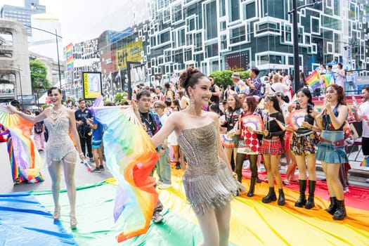 Bangkok, Thailand - JUN 1, 2024 Bangkok Pride Festival 2024, The short action and atmosphere of people joins celebrations in the event in Siam Square Bangkok, Thailand. Gender diversity There is no division of age, race or religion.