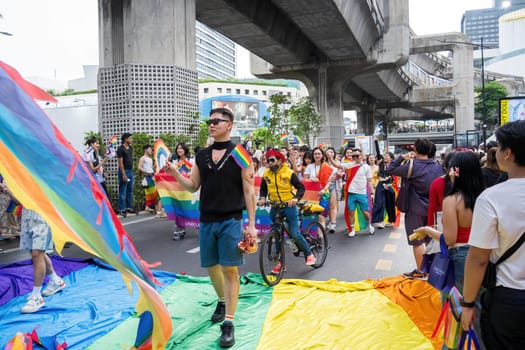 Bangkok, Thailand - JUN 1, 2024 Bangkok Pride Festival 2024, The short action and atmosphere of people joins celebrations in the event in Siam Square Bangkok, Thailand. Gender diversity There is no division of age, race or religion.