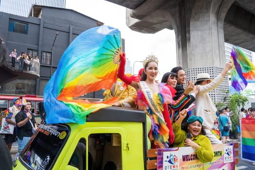 Bangkok, Thailand - JUN 1, 2024 Bangkok Pride Festival 2024, The short action and atmosphere of people joins celebrations in the event in Siam Square Bangkok, Thailand. Gender diversity There is no division of age, race or religion.