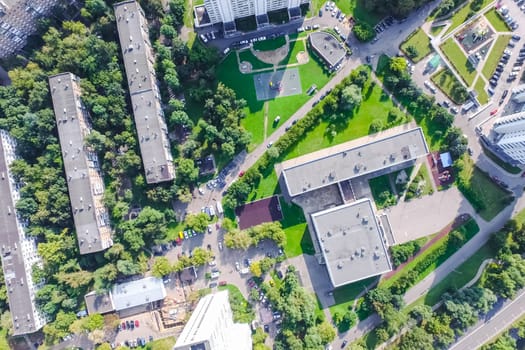 Top view of the city of Moscow, buildings and roads and other infrastructure of the city. Cityscape view from above.