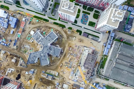 Top view of the city of Moscow, buildings and roads and other infrastructure of the city. Cityscape view from above.