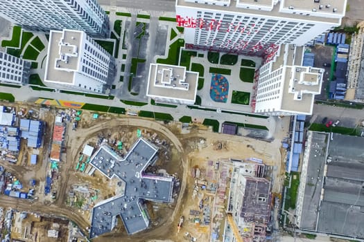 Top view of the city of Moscow, buildings and roads and other infrastructure of the city. Cityscape view from above.