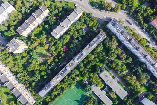 Top view of the city of Moscow, buildings and roads and other infrastructure of the city. Cityscape view from above.