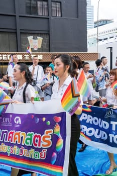 Bangkok, Thailand - JUN 1, 2024 Bangkok Pride Festival 2024, The short action and atmosphere of people joins celebrations in the event in Siam Square Bangkok, Thailand. Gender diversity There is no division of age, race or religion.