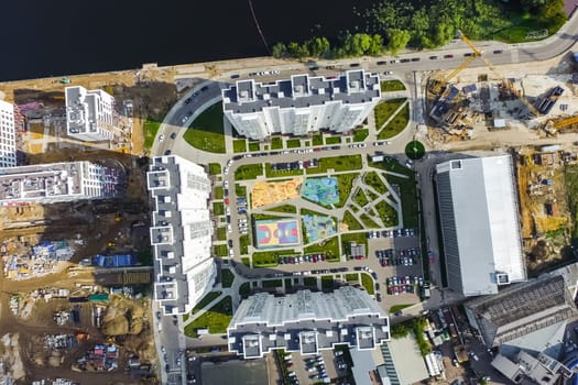 Top view of the city of Moscow, buildings and roads and other infrastructure of the city. Cityscape view from above.