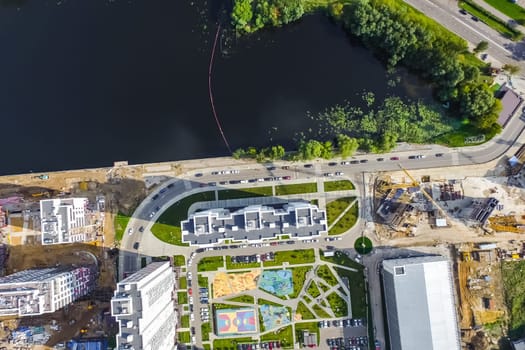 Top view of the city of Moscow, buildings and roads and other infrastructure of the city. Cityscape view from above.