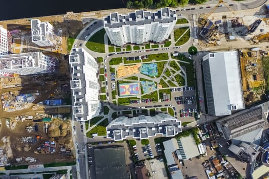 Top view of the city of Moscow, buildings and roads and other infrastructure of the city. Cityscape view from above.