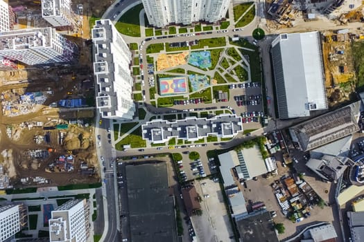 Top view of the city of Moscow, buildings and roads and other infrastructure of the city. Cityscape view from above.