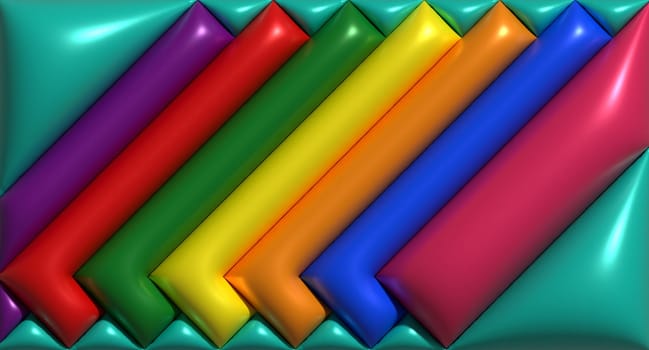 Multicolored inflated rectangles on a green background, 3D rendering illustration