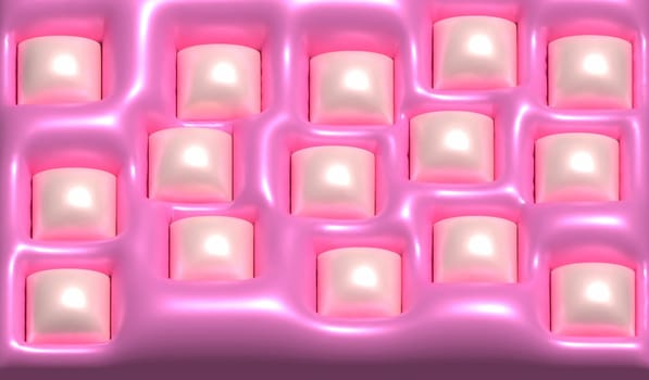 Pink background with raised squares, shiny surface. 3D rendering illustration