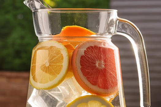 Close-up of a refreshing fruit-infused water pitcher with ice cubes and slices of citrus fruits.