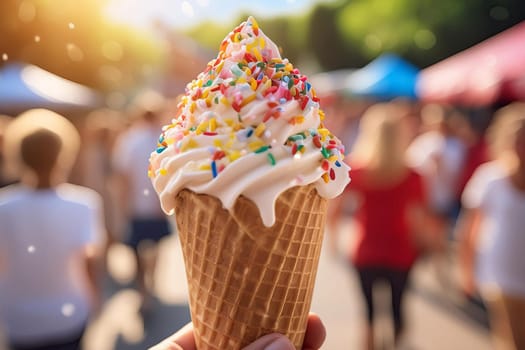 Close-up of a melting ice cream cone with vibrant sprinkles and a blurred background of people enjoying outdoor activities