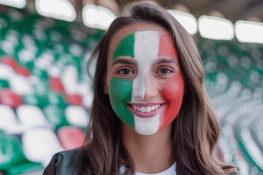 Smiling Italian fan on a sports stadium during a competition or Olympic games. The Italian flag is painted on her face.