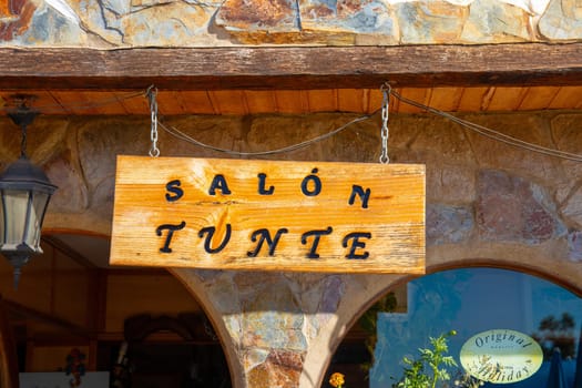 Gran Canaria, Spain - Sep 17, 2018 The wooden entrance sign of the "Mirador de Tunte"" restaurant. Original Canarian cuisine. Near the village of San Bartolome de Tirajana."
