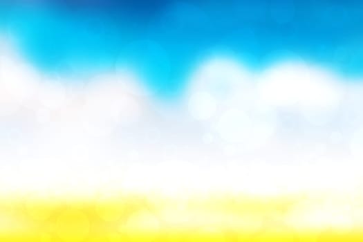Abstract blurred fresh vivid spring summer light delicate blue yellow white bokeh background texture with bright circular soft color lights. Beautiful backdrop illustration. Space.