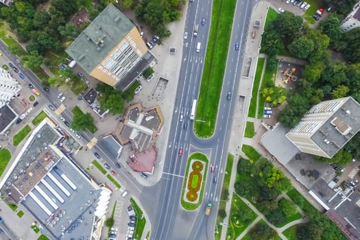 Top view of the city of Moscow, buildings and roads and other infrastructure of the city. Cityscape view from above.