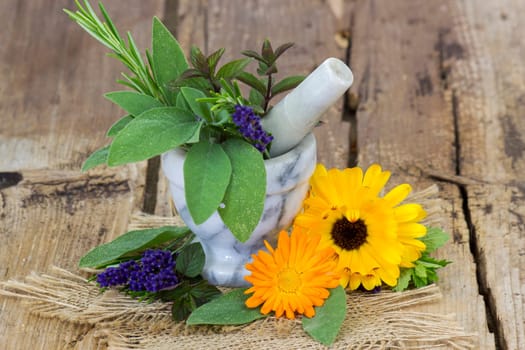 fresh herbs in the stone mortar on wooden background