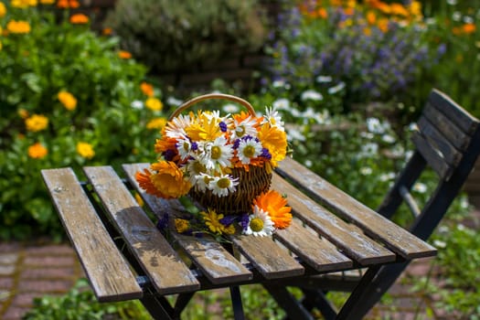 Beautiful fresh summer flowers in wicker basket on table against blurred floral background
