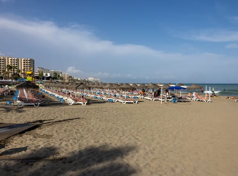 Torremolinos, Spain - September 15, 2023: La Carihuela beach in Torremolinos, Malaga, Costa del Sol, Spain