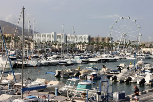 Benalmadena, Spain - September 15, 2023: Boats and yachts moored at Puerto Marina in Benalmadena, Costa del Sol Malaga, Spain. This marina has berths for 1100 boat