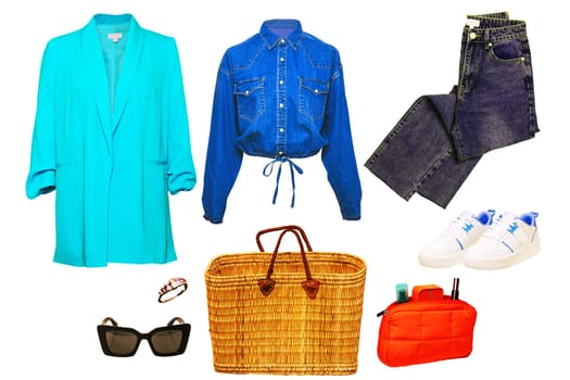 Collage set of woman spring summer clothes isolated. Female girls clothing collection. Women fashion clothing outfit. Jeans, sneaker, jumper, jacket, accessories wear.