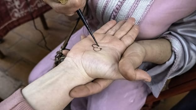 Detail of hand decoration with brown henna, art