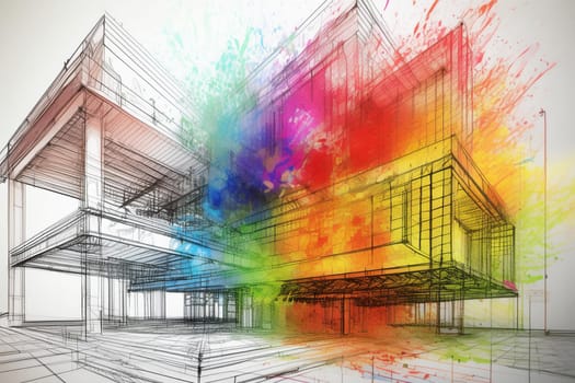 Sketch design of wireframe of building. Digital project visualization.