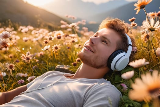 Young man in t-shirt lying on meadow among mountains at sunset in summer and listening to music in headphones.