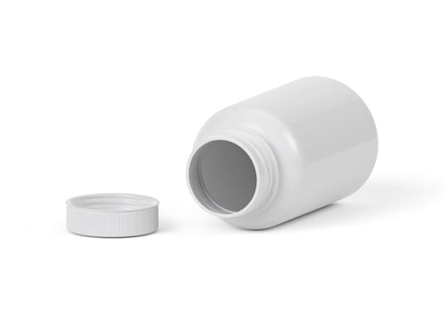 Blank plastic pill bottle on a white background
