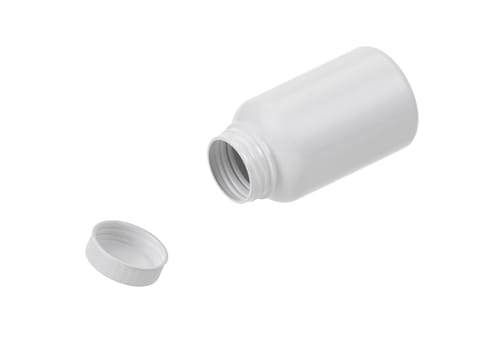 Blank plastic pill bottle on a white background