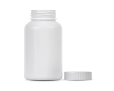 Blank plastic pill bottle on a white background